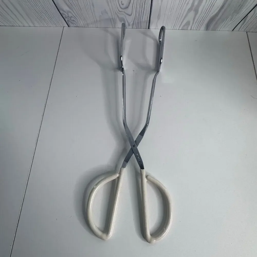 Vintage Stainless Steel Scissor Tongs Taiwan 14” White Coated Handle